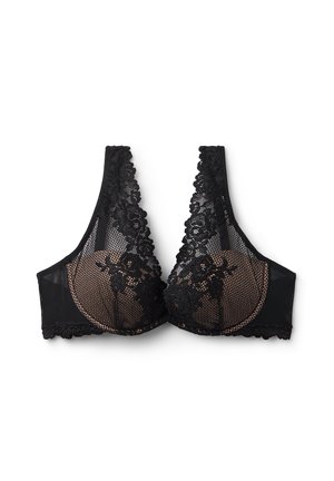 Black lace bra with floral patterns, sheer mesh cups, and wide straps designed for support and decorative appeal.