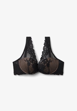 Black lace bra with floral patterns, sheer mesh cups, and wide straps designed for support and decorative appeal.