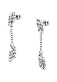 Orecchini d'argento con un design attorcigliato, caratterizzati da una goccia a catena e decorati con cristalli rotondi trasparenti per un tocco in più.