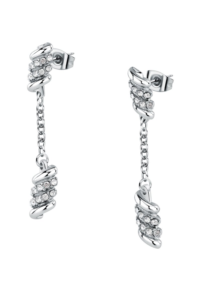 Orecchini d'argento con un design attorcigliato, caratterizzati da una goccia a catena e decorati con cristalli rotondi trasparenti per un tocco in più.