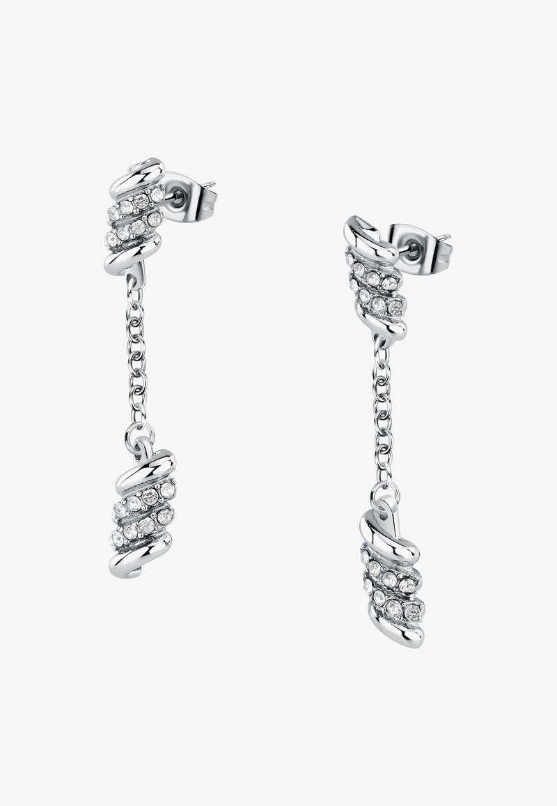 Orecchini d'argento con un design attorcigliato, caratterizzati da una goccia a catena e decorati con cristalli rotondi trasparenti per un tocco in più.