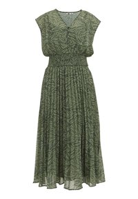 Vestito verde realizzato in tessuto leggero con motivo a foglie. Presenta un scollo a V, maniche corte e dettagli arricciati in vita.