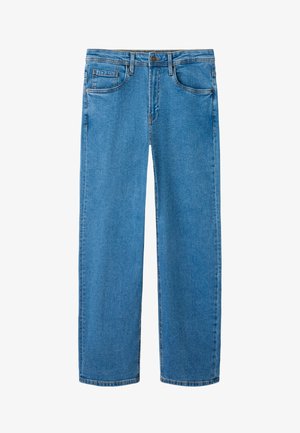 Modre kavbojke z ravnimi hlačnicami, petimi žepi, zankami za pas in pasom z gumbom.