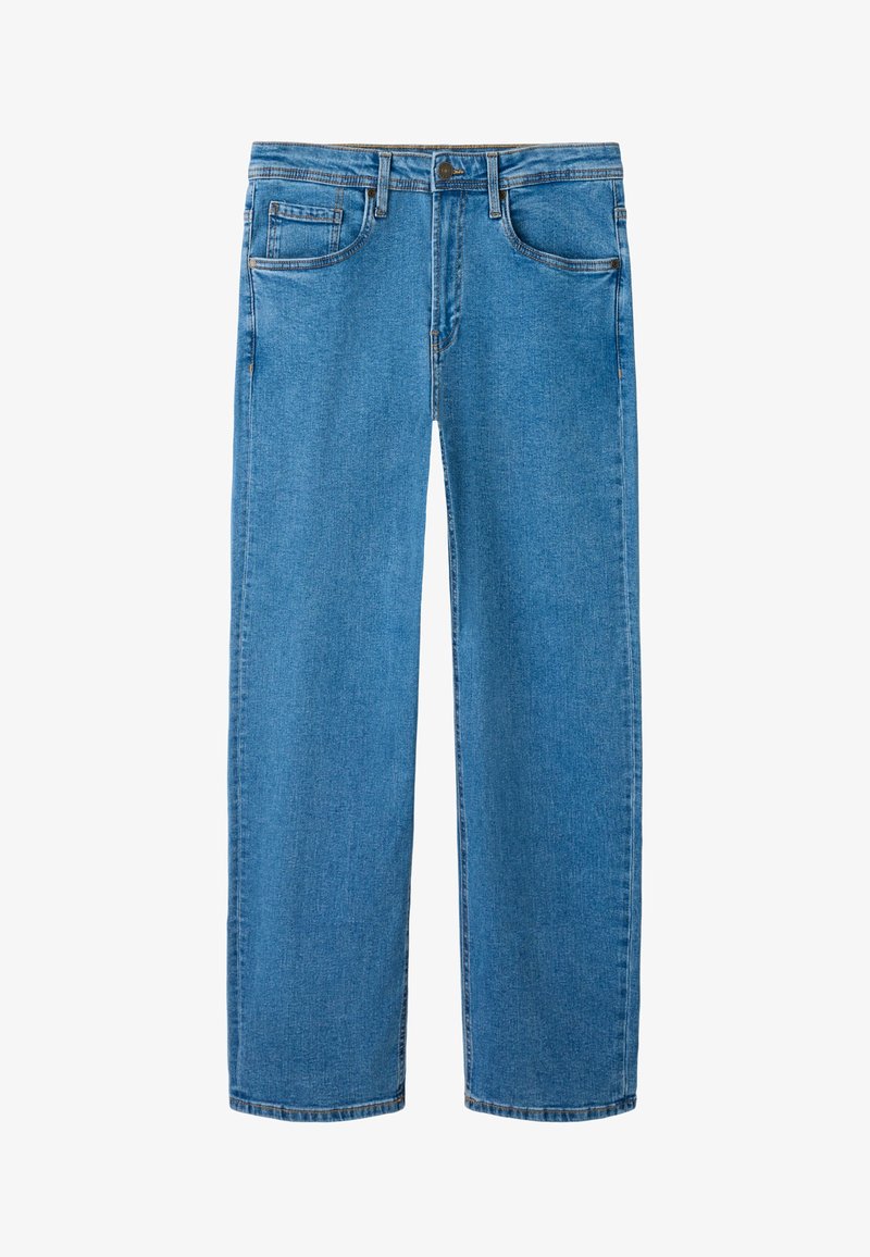 Mėlynos tiesios kelnės iš džinsinio audinio su penkiomis kišenėmis, diržo kilpomis ir užsegamu juosmeniu.