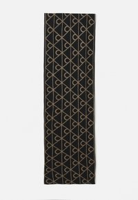 Svart rektangulær skjerf med et gjentakende beige geometrisk mønster av diagonale linjer og stiliserte buede former.