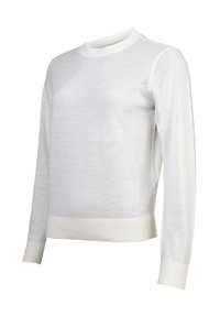 Maglione bianco a maniche lunghe realizzato in un materiale leggero, con colletto e orlo a costine. Dettaglio ricamato sottile sul davanti.