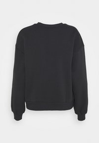 Sweat-shirt noir uni à manches longues avec poignets, ourlet et col côtelés, montré de dos sur fond blanc.