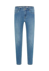 Light blue denim jeans with a slim fit, five pockets, belt loops, and a zip fly. Features stitched detailing along the seams.