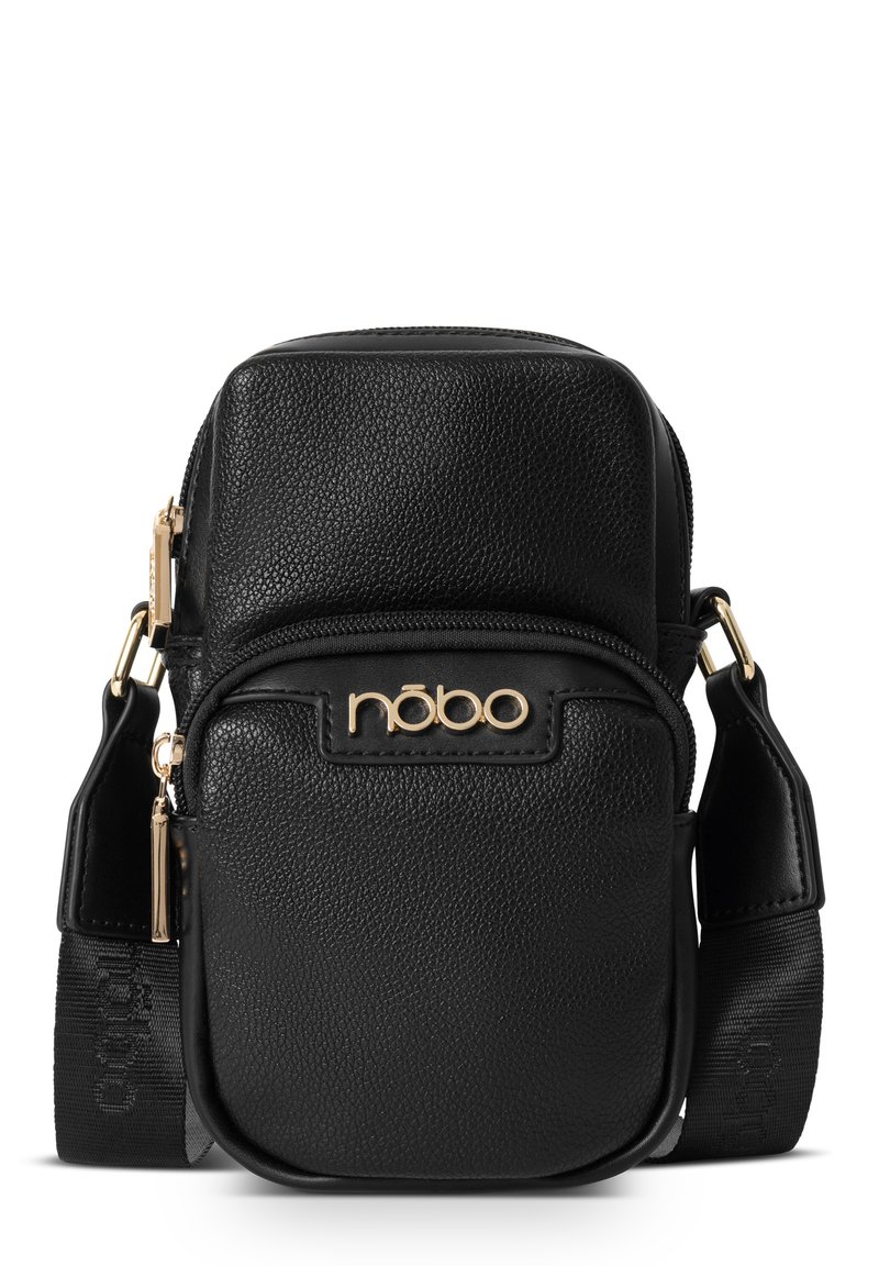 Borsa a tracolla nera in finta pelle con dettagli del logo dorati, superficie testurizzata, scomparti con zip e tracolla regolabile con branding.