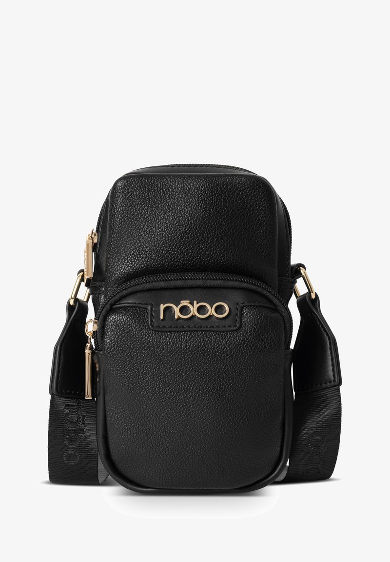 Borsa a tracolla nera in finta pelle con dettagli del logo dorati, superficie testurizzata, scomparti con zip e tracolla regolabile con branding.