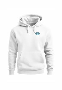 Weißer Hoodie mit Kängurutasche, mit Zugband und kleinem blauen ovalen Logo, das "NEVER LESS" liest. Weicher Stoff, lässiges Design.