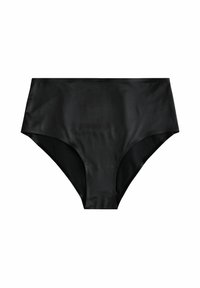 Costume da bagno nero a vita alta realizzato in un tessuto liscio e lucido, con un design semplice senza motivi o oggetti decorativi aggiuntivi.