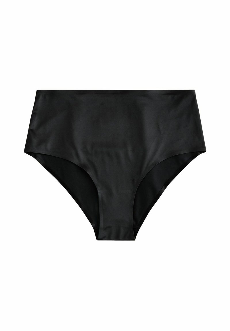 Costume da bagno nero a vita alta realizzato in un tessuto liscio e lucido, con un design semplice senza motivi o oggetti decorativi aggiuntivi.