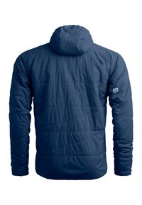Navy blue puffer jacket with a hood, featuring quilted texture and a logo on the left sleeve. Stylish design with elastic cuffs.