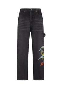 Black denim jeans with a relaxed fit, featuring a colorful embroidered dragon design on the left leg and side strap detail.