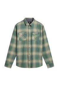 Long-sleeve plaid shirt in green and beige, made of soft fabric. Features two chest pockets and a button-up front with metal buttons.
