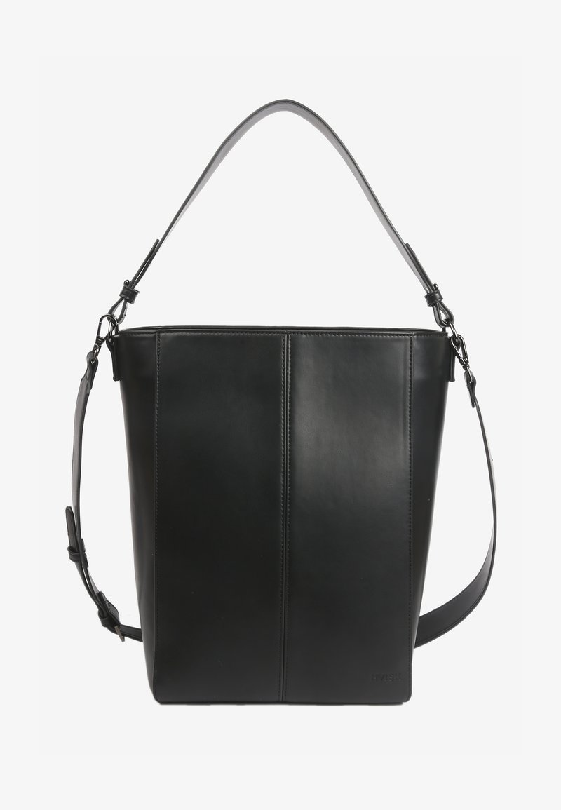 Sac seau en cuir noir avec des coutures verticales, une poignée courte et une bandoulière ajustable avec des fermoirs métalliques.