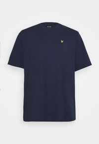 T-shirt in cotone blu navy con collo rotondo e maniche corte, caratterizzato da un piccolo logo giallo di un'aquila sulla parte superiore sinistra del petto.