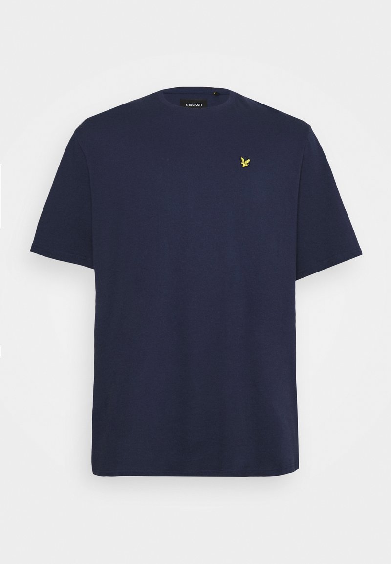 T-shirt in cotone blu navy con collo rotondo e maniche corte, caratterizzato da un piccolo logo giallo di un'aquila sulla parte superiore sinistra del petto.