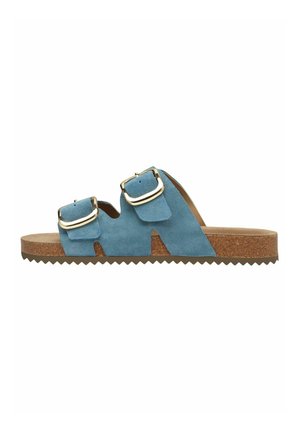 Blue suede slide sandal with two adjustable buckle straps, cork footbed, and ridged rubber outsole for traction.