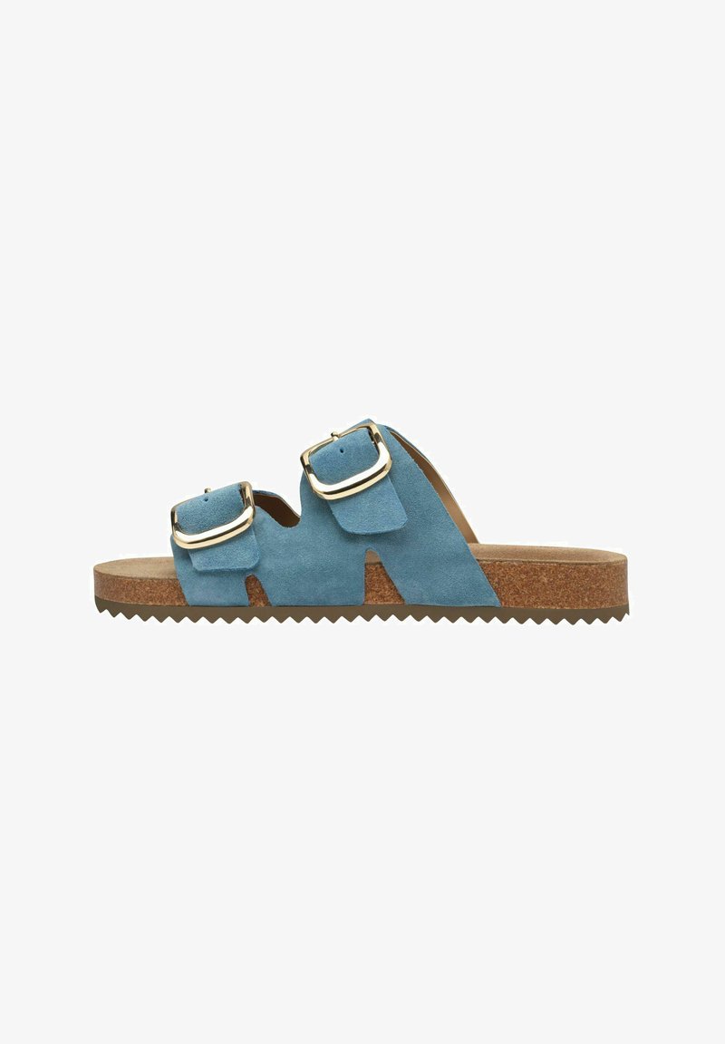 Sandal in suede blu con due cinturini regolabili a fibbia, soletta in sughero e suola in gomma rigata per una maggiore trazione.