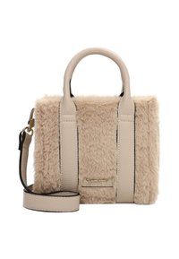 Beige nep-bont handtas met leren accenten, gestructureerde rechthoekige vorm, korte handvatten en een afneembare schouderband. Inclusief logo-detail.