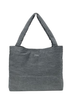 Grijze stoffen tas met twee korte handvatten, rechthoekige vorm, zachte textuur, met een klein label aan de voorkant.