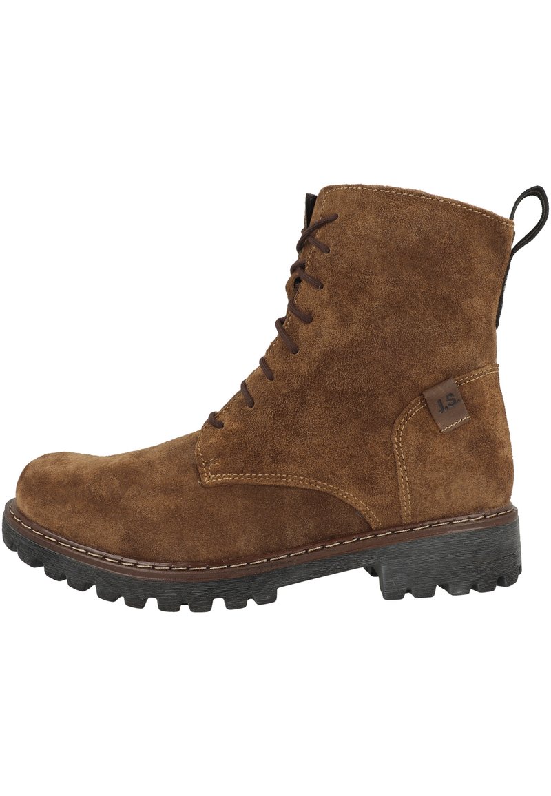 Botte de cheville en daim marron avec un bout rond, des coutures contrastées, un laçage à l'avant et une semelle en caoutchouc durable dotée de rainures de traction et d'une languette.