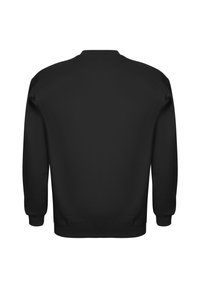 Sudadera negra con cuello redondo, mangas largas y puños y dobladillo acanalados. Textura de tela suave, diseño minimalista y sin logotipos visibles.