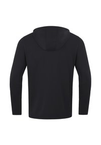 Svart långärmad hoodie med rund huva, slät yta och sömlös design. Inga synliga logotyper eller dekorationer.