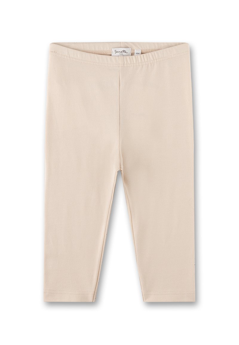 Beige Baumwollleggings mit einer weichen, dehnbaren Textur, ausgestattet mit einem elastischen Taillenbund und ohne sichtbare Muster oder Akzente.