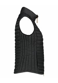 Zwart puffer vest met verticale gestikte secties, hoge kraag en zijrits. Lichtgewicht materiaal met een gladde textuur.