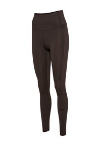 Bruine legging met hoge taille van rekbaar materiaal, voorzien van een zijzak en gladde naden voor een gestroomlijnde pasvorm. Logo gedrukt op het been.