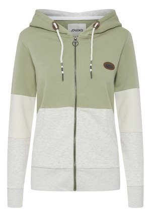 Haut zippé vert et gris clair, doté d'une capuche, de cordons de serrage, d'un design bicolore et d'un écusson de marque circulaire sur la poitrine. Tissu doux.