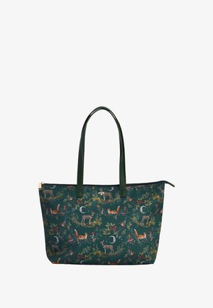 Borsa tote verde con stampa animale raffigurante cervi, volpi e fogliame. Realizzata in materiale sintetico, è dotata di due manici lunghi e chiusura con zip.