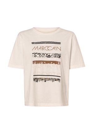 Crèmekleurig T-shirt met korte mouwen en de tekst "Marc Cain" met horizontale abstracte dierenprintstrepen in zwart en bruin op de voorkant.