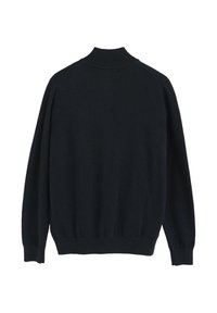 Mörk marinblå pullovertröja med hög, ribbad krage. Har långa ärmar samt ribbade muddar och fåll, tillverkad av mjukt tyg med en slät yta.