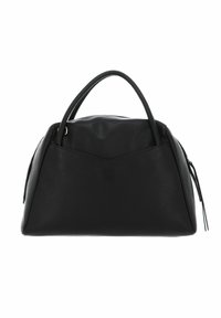 Sac à main en cuir noir avec un design structuré, un dessus arrondi, deux poignées et une fermeture éclair. Présente une surface texturée subtile et des accents latéraux.