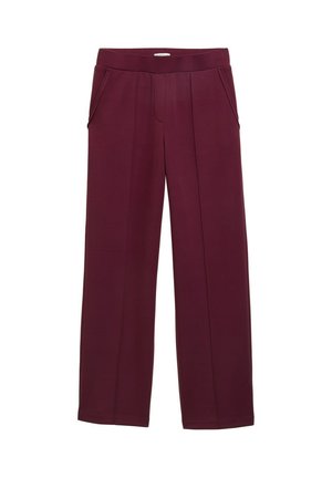 Pantalons larges bordeaux avec une texture lisse, dotés de deux poches latérales et de plis avant, conçus pour un ajustement décontracté.