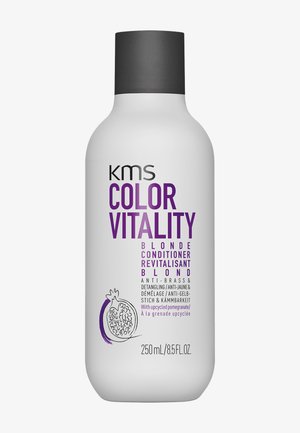 Flacon blanc de KMS Color Vitality Blonde Conditioner avec bouchon noir et texte violet, avec illustration de grenade, volume 250 ml.