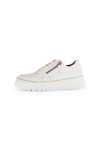 White leather sneaker featuring a textured platform sole, decorative stitching, and a colorful braided accent around the midsole. Zipper detail on side.
