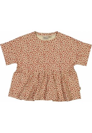 Beige kortærmet top med lille rødt blomsterprint og rynket peplumtalje, mærket "WHEAT" ved halsudskæringen.