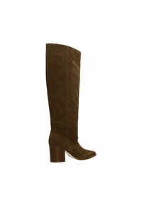 Tall brown suede boot with stacked block heel and pointed toe, shown from the side on a white background.