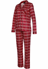 Red plaid pajama set with long sleeves, button closure, chest pocket, and straight-leg pants. Soft fabric with a smooth texture.