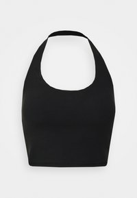 Top curto preto com decote halter, feito de um tecido liso e elástico. Possui um decote largo e um design ajustado com uma bainha reta.