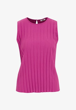 Top fucsia senza maniche con un design plissettato testurizzato, scollatura rotonda e apertura a forma di chiave sulla schiena. Tessuto leggero.