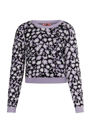 Gekürzter Pullover in Schwarz mit einem lila-weißen Leopardenmuster. Stricktextur mit Rundhals und gerippten Bündchen.