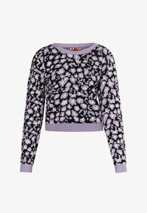 Gekürzter Pullover in Schwarz mit einem lila-weißen Leopardenmuster. Stricktextur mit Rundhals und gerippten Bündchen.
