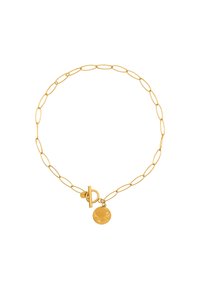 Collar de cadena de oro con eslabones ovalados, que cuenta con un colgante circular y un cierre de toggle. Textura suave con un acabado pulido.