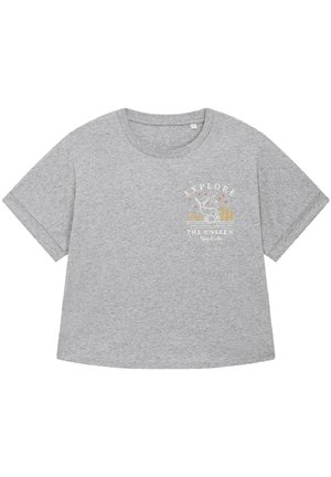 Grijze katoenen t-shirt met korte mouwen, ronde halslijn en grafische print met een rendier, bergen en de tekst "Verken het Ongeziene."